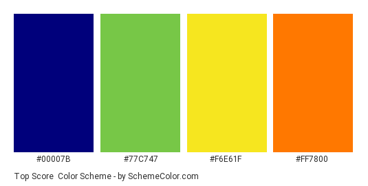 Top Score - Color scheme palette thumbnail - #00007b #77c747 #f6e61f #ff7800 