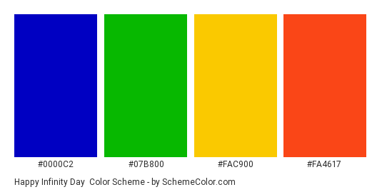 Happy Infinity Day - Color scheme palette thumbnail - #0000C2 #07B800 #FAC900 #FA4617 
