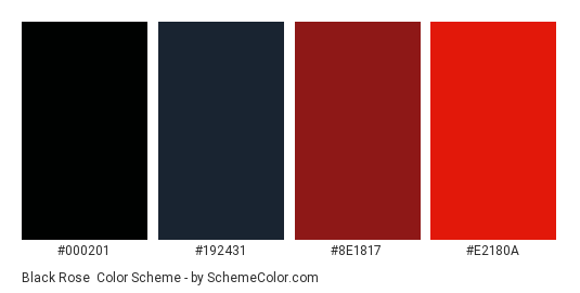 Black Rose - Color scheme palette thumbnail - #000201 #192431 #8e1817 #e2180a 