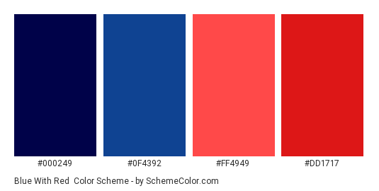 Blue with Red - Color scheme palette thumbnail - #000249 #0F4392 #FF4949 #DD1717 