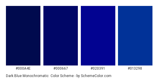 Dark Blue Monochromatic - Color scheme palette thumbnail - #000a4e #000667 #020391 #013298 