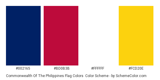 Commonwealth of the Philippines Flag Colors - Color scheme palette thumbnail - #002165 #bd0b3b #FFFFFF #fcd20e 