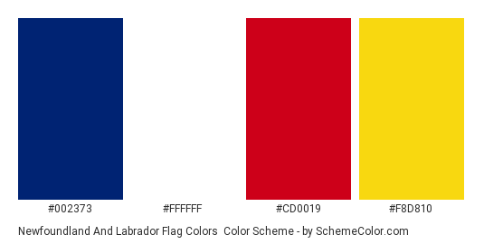 Newfoundland and Labrador Flag Colors - Color scheme palette thumbnail - #002373 #ffffff #cd0019 #f8d810 
