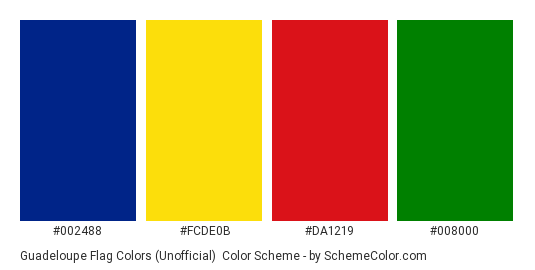 Guadeloupe Flag Colors (Unofficial) - Color scheme palette thumbnail - #002488 #fcde0b #da1219 #008000 