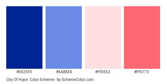 City of Hope - Color scheme palette thumbnail - #002593 #6A8BE8 #FFDEE2 #FF6773 