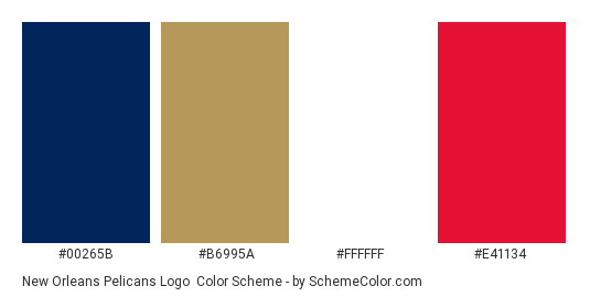 New Orleans Pelicans Logo - Color scheme palette thumbnail - #00265b #b6995a #ffffff #e41134 