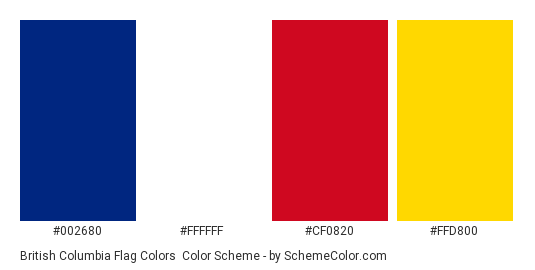 British Columbia Flag Colors - Color scheme palette thumbnail - #002680 #ffffff #cf0820 #ffd800 