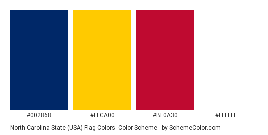 North Carolina State (USA) Flag Colors - Color scheme palette thumbnail - #002868 #ffca00 #bf0a30 #ffffff 