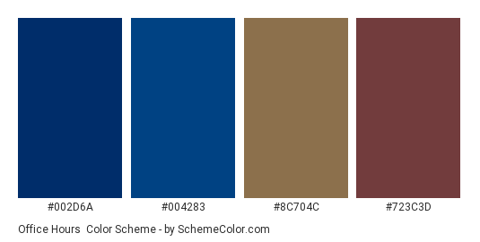 Office Hours - Color scheme palette thumbnail - #002d6a #004283 #8c704c #723c3d 