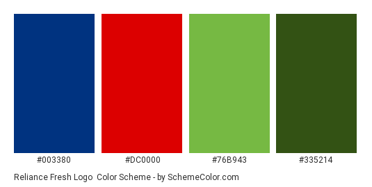 Reliance Fresh Logo - Color scheme palette thumbnail - #003380 #dc0000 #76b943 #335214 