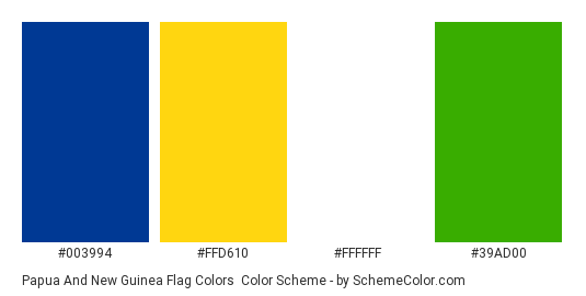 Papua and New Guinea Flag Colors - Color scheme palette thumbnail - #003994 #ffd610 #FFFFFF #39ad00 