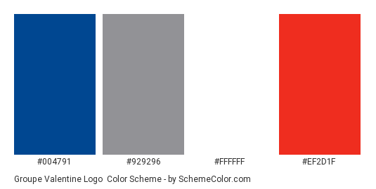 Groupe Valentine Logo - Color scheme palette thumbnail - #004791 #929296 #ffffff #ef2d1f 
