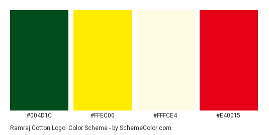 Ramraj Cotton Logo - Color scheme palette thumbnail - #004D1C #FFEC00 #FFFCE4 #E40015 