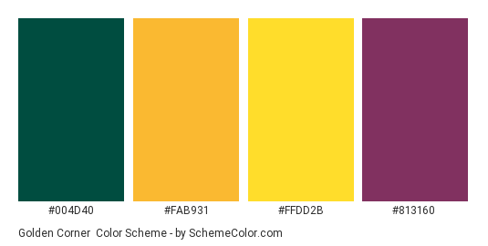 Golden Corner - Color scheme palette thumbnail - #004d40 #fab931 #ffdd2b #813160 