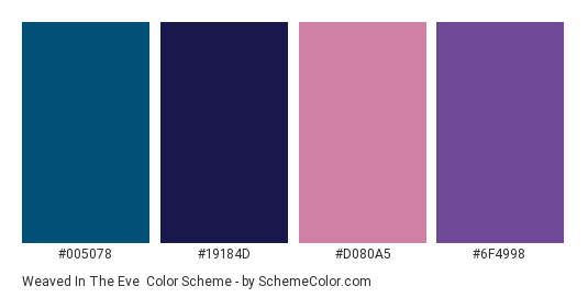 Weaved in the Eve - Color scheme palette thumbnail - #005078 #19184d #d080a5 #6f4998 