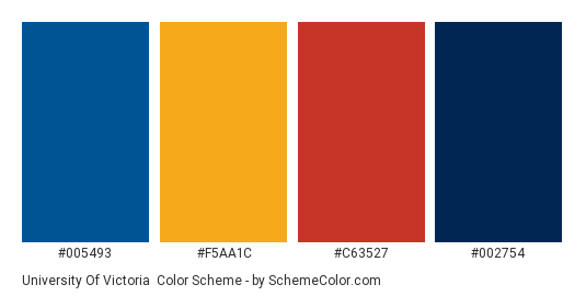 University of Victoria - Color scheme palette thumbnail - #005493 #f5aa1c #c63527 #002754 