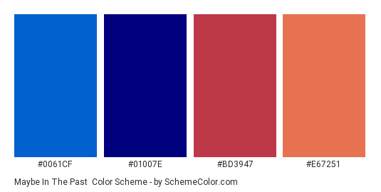 Maybe in the Past - Color scheme palette thumbnail - #0061cf #01007e #bd3947 #e67251 