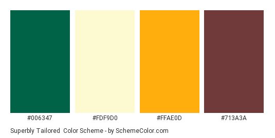 Superbly Tailored - Color scheme palette thumbnail - #006347 #FDF9D0 #FFAE0D #713A3A 