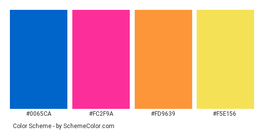 Broken Piñata - Color scheme palette thumbnail - #0065ca #fc2f9a #fd9639 #f5e156 
