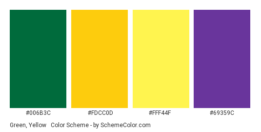 Green, Yellow & Purple - Color scheme palette thumbnail - #006B3C #FDCC0D #FFF44F #69359C 