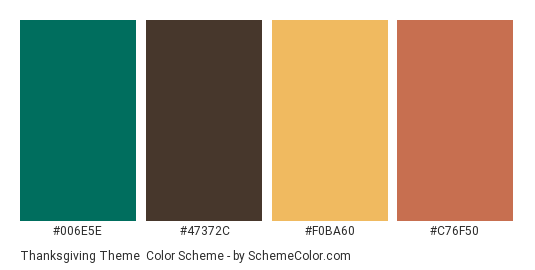 Thanksgiving Theme - Color scheme palette thumbnail - #006E5E #47372C #F0BA60 #C76F50 