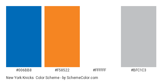 New York Knicks - Color scheme palette thumbnail - #006bb8 #f58522 #ffffff #bfc1c3 
