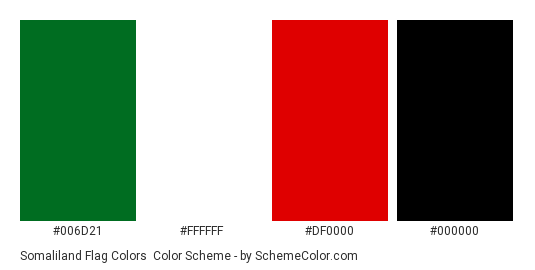 Somaliland Flag Colors - Color scheme palette thumbnail - #006d21 #ffffff #df0000 #000000 