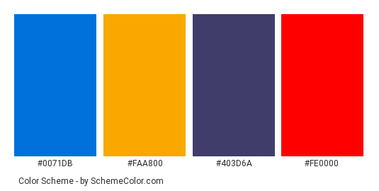 Started Moving - Color scheme palette thumbnail - #0071db #faa800 #403d6a #fe0000 