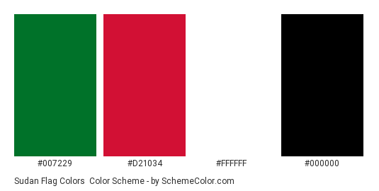 Sudan Flag Colors - Color scheme palette thumbnail - #007229 #d21034 #ffffff #000000 