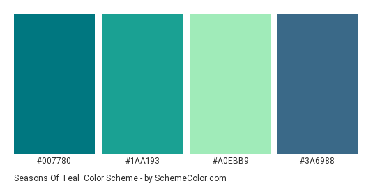 Seasons of Teal - Color scheme palette thumbnail - #007780 #1AA193 #A0EBB9 #3A6988 