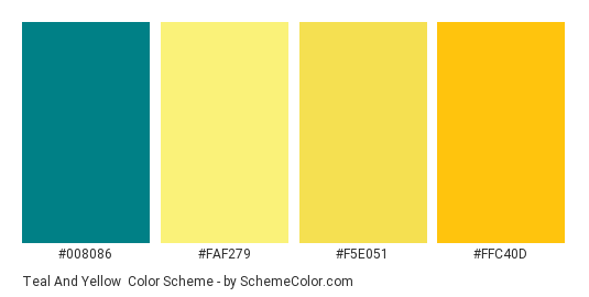 Teal and Yellow - Color scheme palette thumbnail - #008086 #FAF279 #F5E051 #FFC40D 