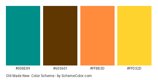 Old Made New - Color scheme palette thumbnail - #008E89 #603601 #FF8B3D #FFD32D 