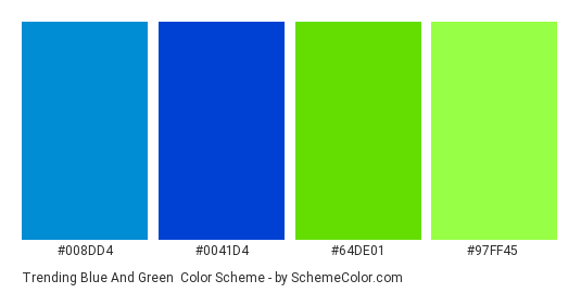 Trending Blue and Green - Color scheme palette thumbnail - #008dd4 #0041d4 #64de01 #97ff45 