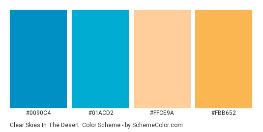 Clear Skies in the Desert - Color scheme palette thumbnail - #0090c4 #01acd2 #ffce9a #fbb652 