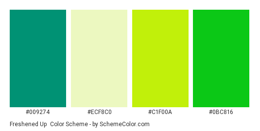 Freshened Up - Color scheme palette thumbnail - #009274 #ecf8c0 #c1f00a #0bc816 