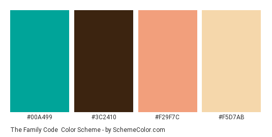 The Family Code - Color scheme palette thumbnail - #00a499 #3c2410 #f29f7c #f5d7ab 