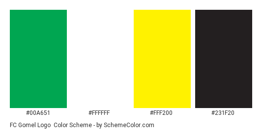 FC Gomel Logo - Color scheme palette thumbnail - #00a651 #ffffff #fff200 #231f20 