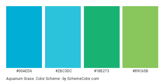 Aquarium Grass - Color scheme palette thumbnail - #00aed6 #2bc3dc #18b273 #89c65b 