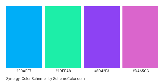 Synergy - Color scheme palette thumbnail - #00aef7 #1deea8 #8d42f3 #da65cc 