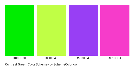 Contrast Green - Color scheme palette thumbnail - #00ed00 #c0ff45 #983ff4 #f63cca 