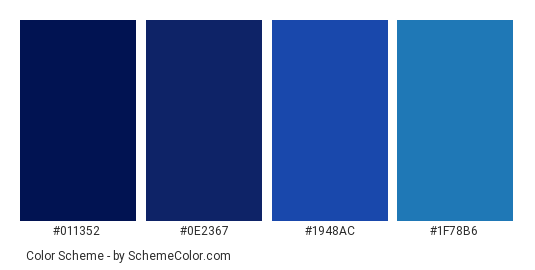 Blue Poison Arrow Frog - Color scheme palette thumbnail - #011352 #0e2367 #1948ac #1f78b6 