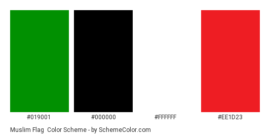 Muslim Flag - Color scheme palette thumbnail - #019001 #000000 #FFFFFF #ee1d23 