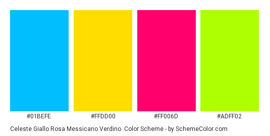 Celeste Giallo Rosa Messicano Verdino - Color scheme palette thumbnail - #01BEFE #FFDD00 #FF006D #ADFF02 