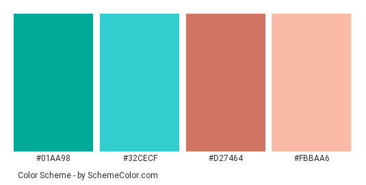 Jellyfish Is Free - Color scheme palette thumbnail - #01aa98 #32cecf #d27464 #fbbaa6 