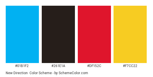 New Direction - Color scheme palette thumbnail - #01b1f2 #261e1a #df152c #f7cc22 