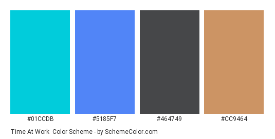 Time at Work - Color scheme palette thumbnail - #01ccdb #5185f7 #464749 #cc9464 