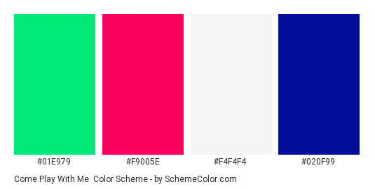 Come Play With Me - Color scheme palette thumbnail - #01e979 #f9005e #f4f4f4 #020f99 