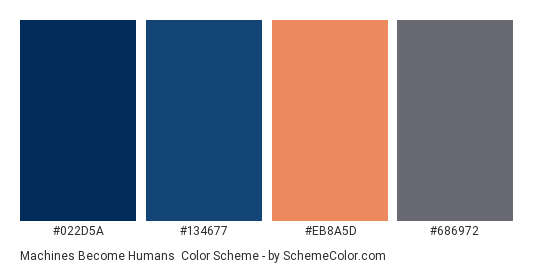 Machines Become Humans - Color scheme palette thumbnail - #022D5A #134677 #EB8A5D #686972 