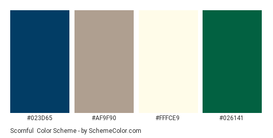 Scornful - Color scheme palette thumbnail - #023D65 #AF9F90 #FFFCE9 #026141 
