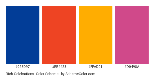 Rich Celebrations - Color scheme palette thumbnail - #023D97 #EE4423 #FFAD01 #D0498A 